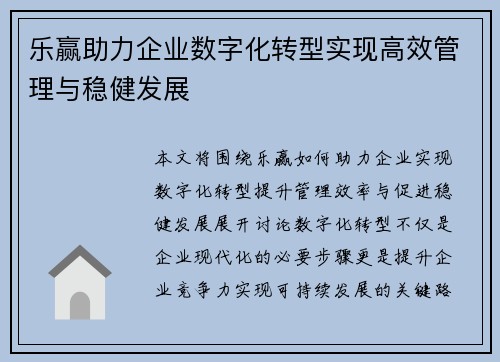 乐赢助力企业数字化转型实现高效管理与稳健发展